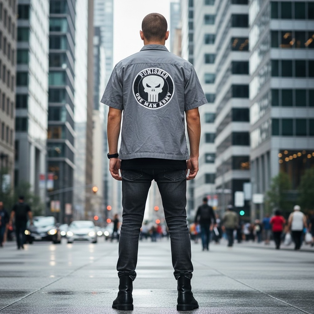 Marvel The Punisher One Man Army Work Shirt Mens Small Gray Button Down Skull